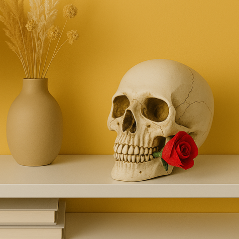 Crâne Décoratif avec Rose Rouge